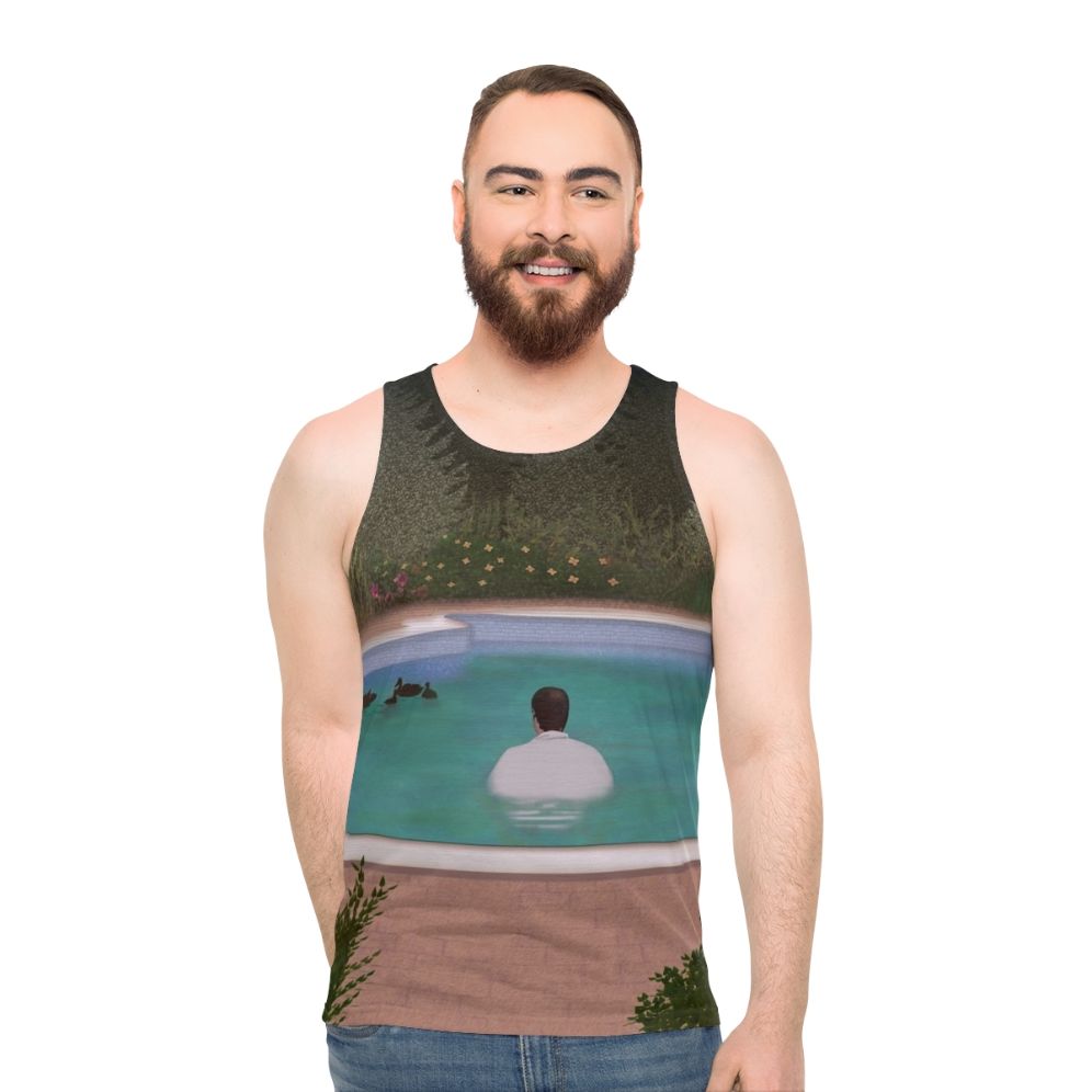 Unisex tank top with melancholy gangster and wildlife art design