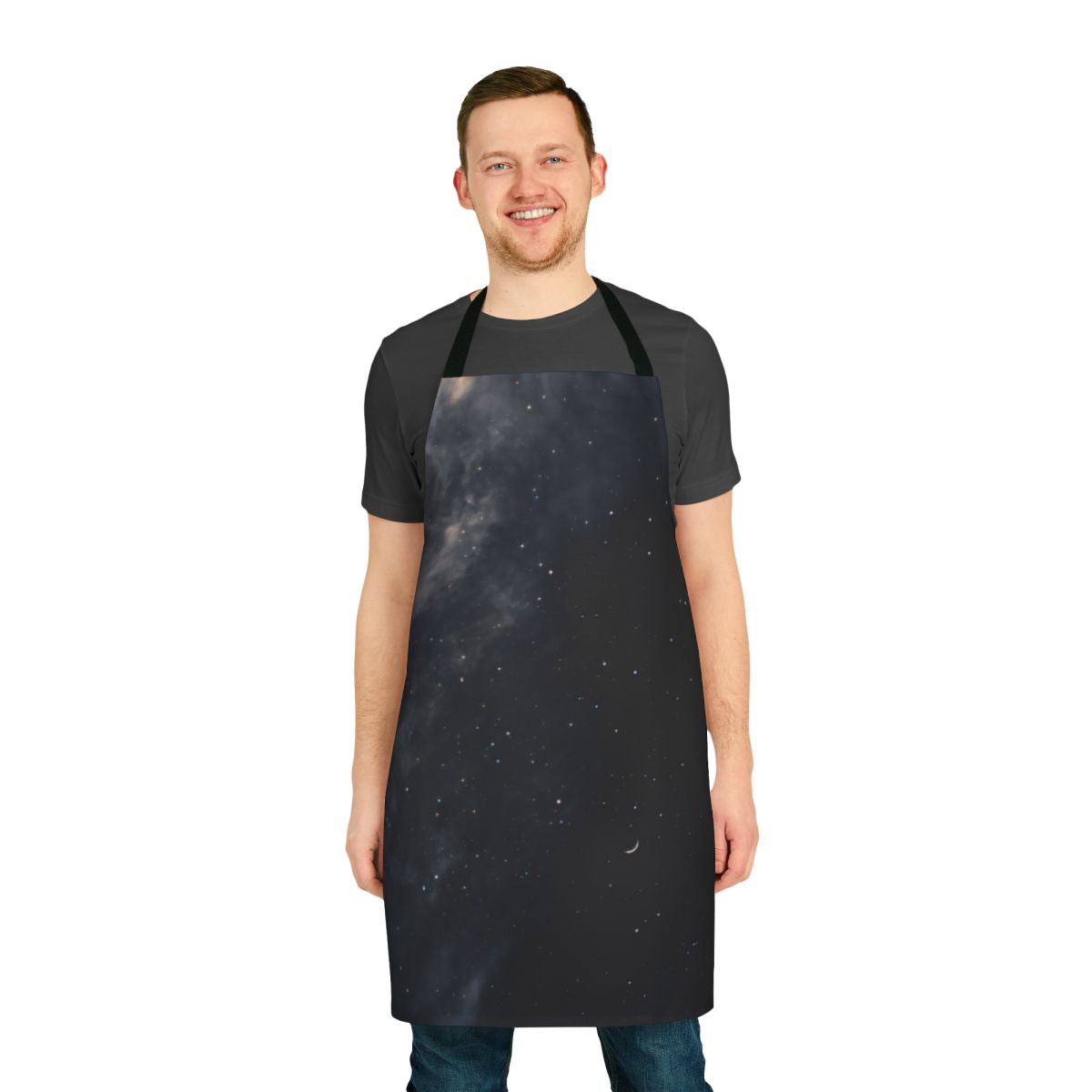 Melancholy landscape apron featuring a dreamy, moody night sky with the moon, stars, and a dark, atmospheric background.