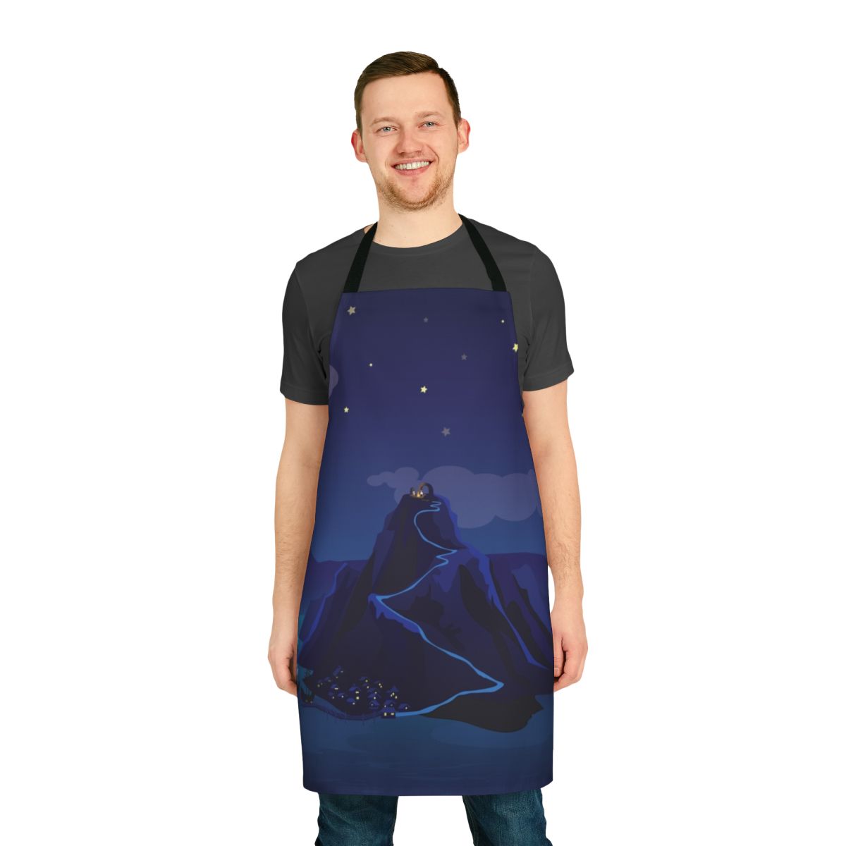 Melee Island-inspired apron with starry night design, a tribute to the classic adventure game The Secret of Monkey Island.