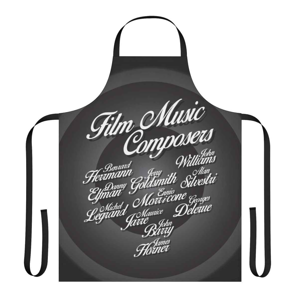Kitchen apron featuring the names of iconic movie music composers like John Williams, Bernard Herrmann, and Ennio Morricone.