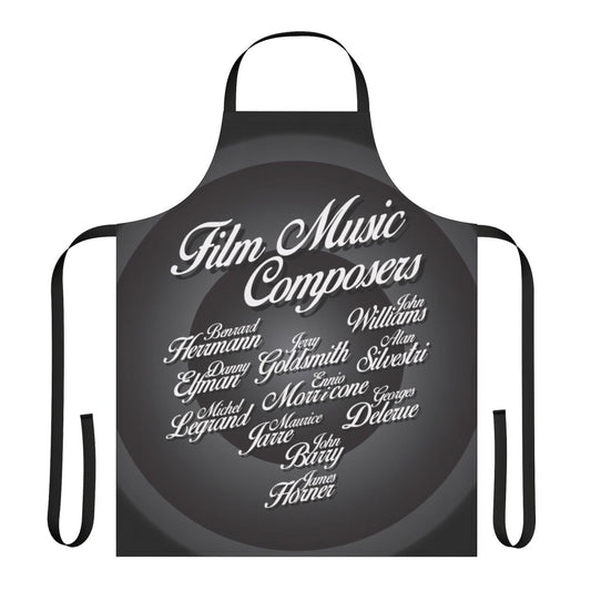 Kitchen apron featuring the names of iconic movie music composers like John Williams, Bernard Herrmann, and Ennio Morricone.