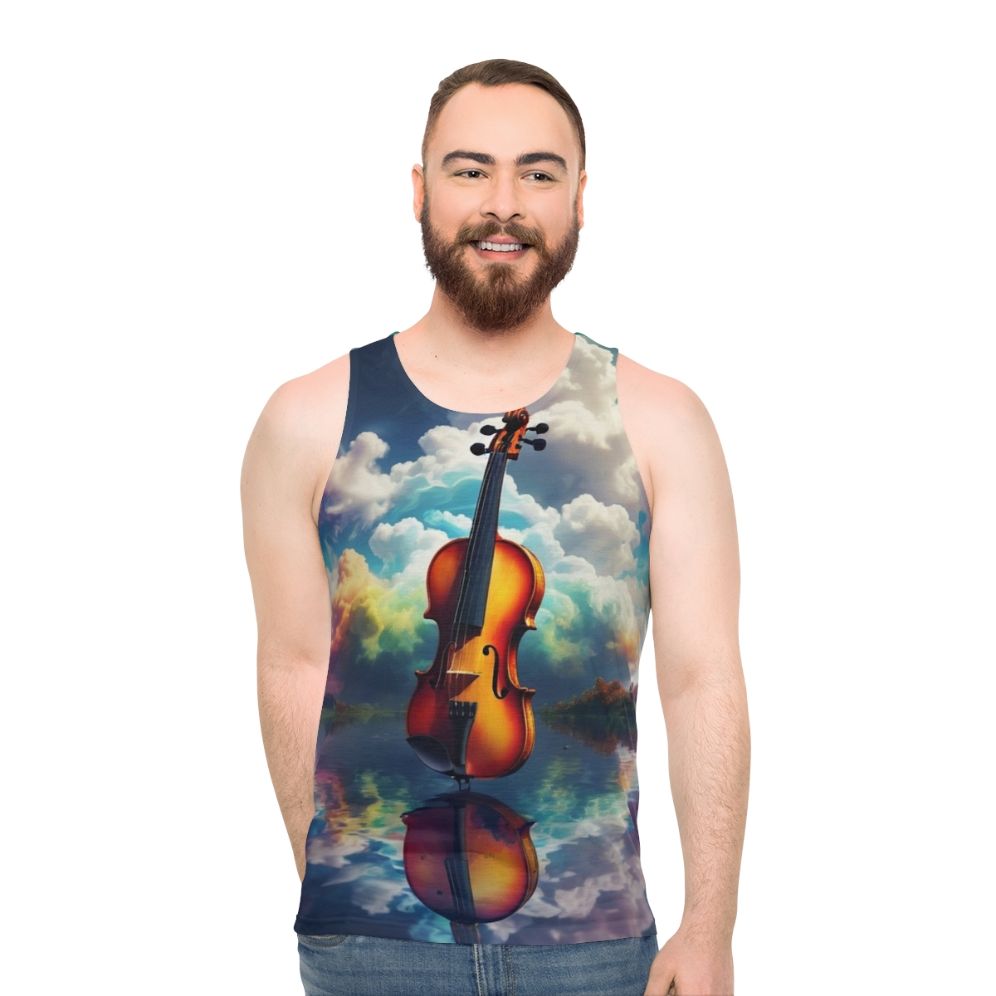 Unisex tank top with nature-inspired artistic landscape and melodic reflection