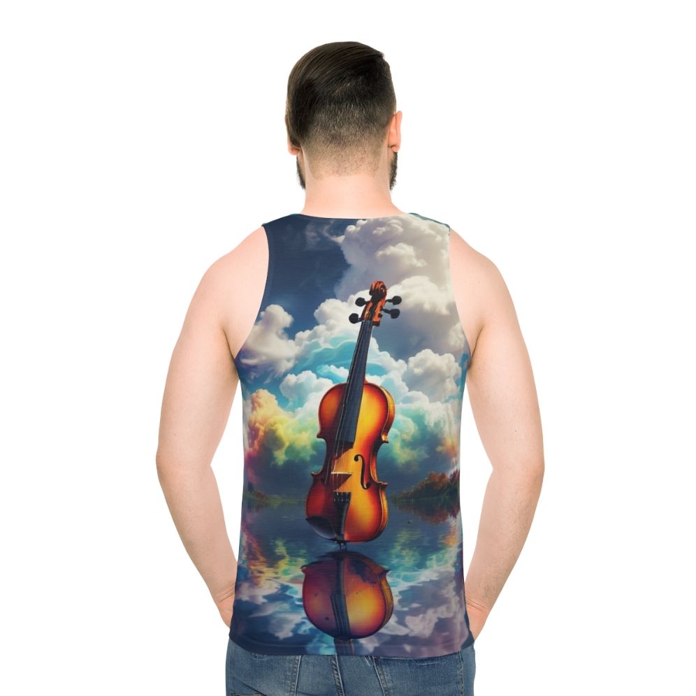 Unisex tank top with nature-inspired artistic landscape and melodic reflection