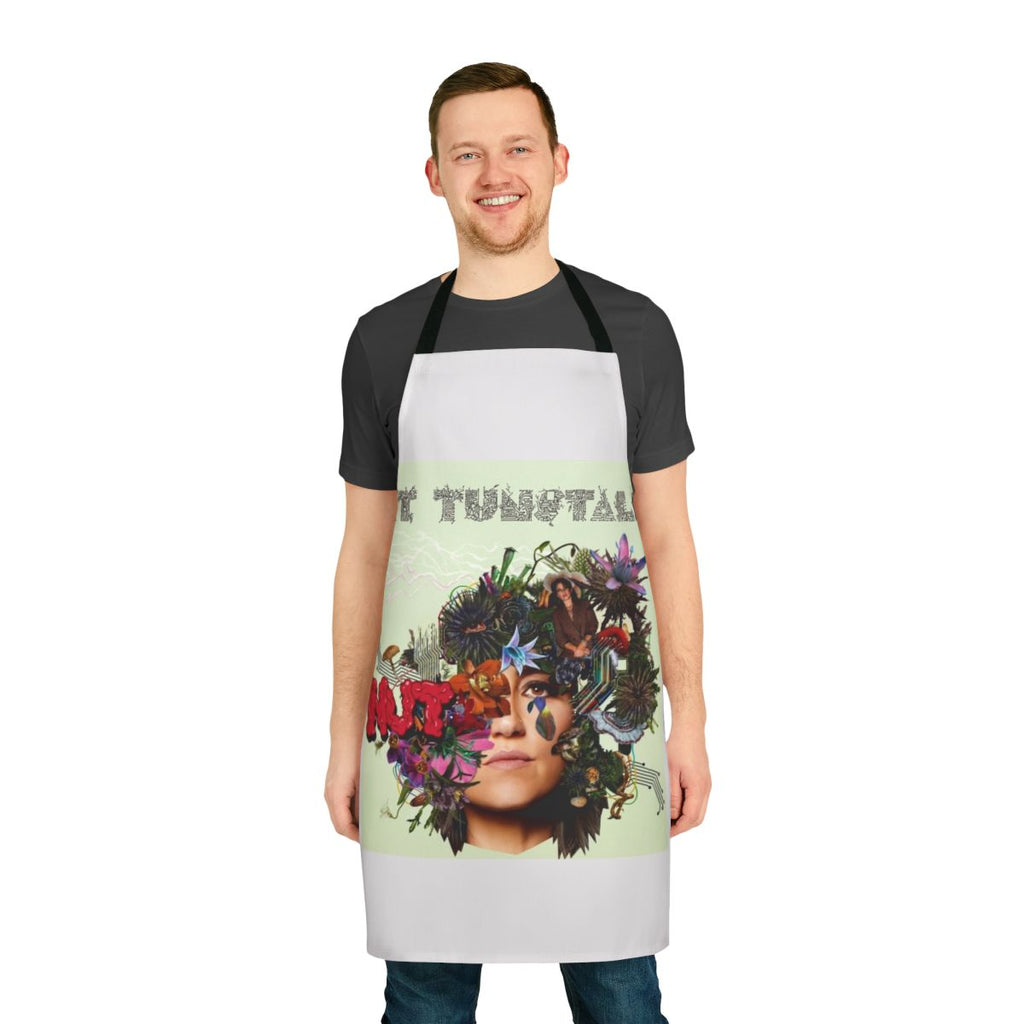 A beautiful apron featuring a music-inspired design, perfect for musicians and music lovers in the kitchen.