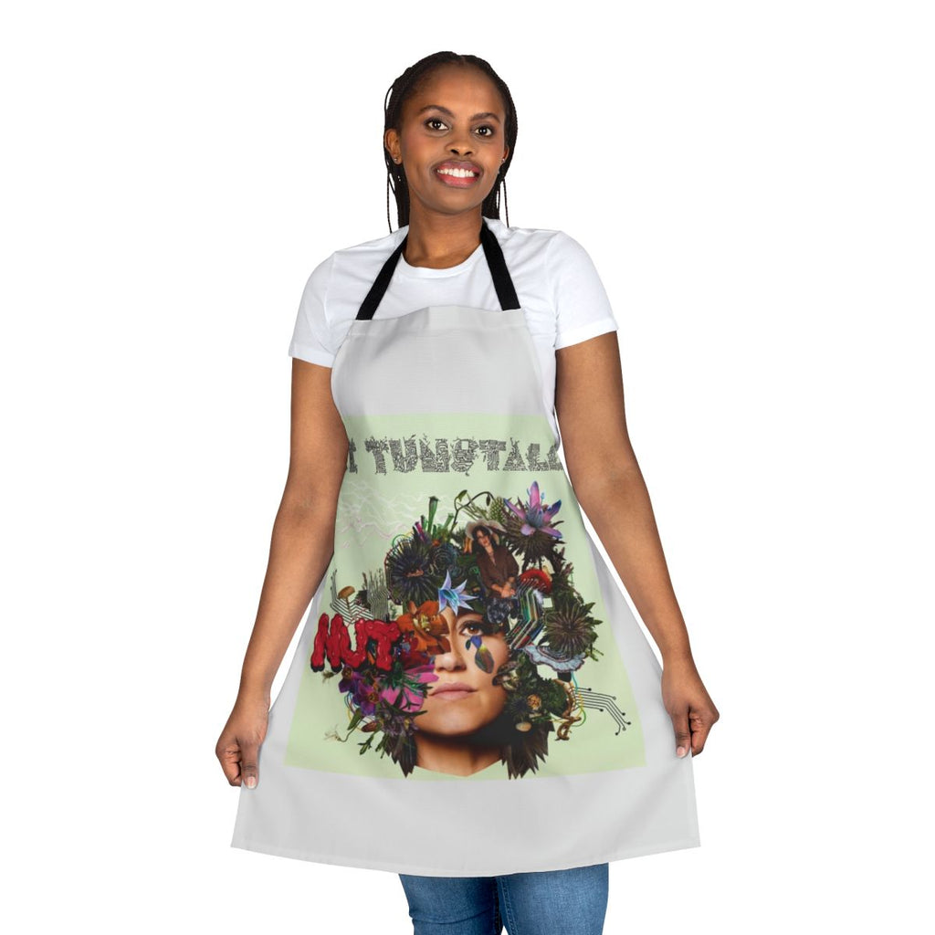 A beautiful apron featuring a music-inspired design, perfect for musicians and music lovers in the kitchen.