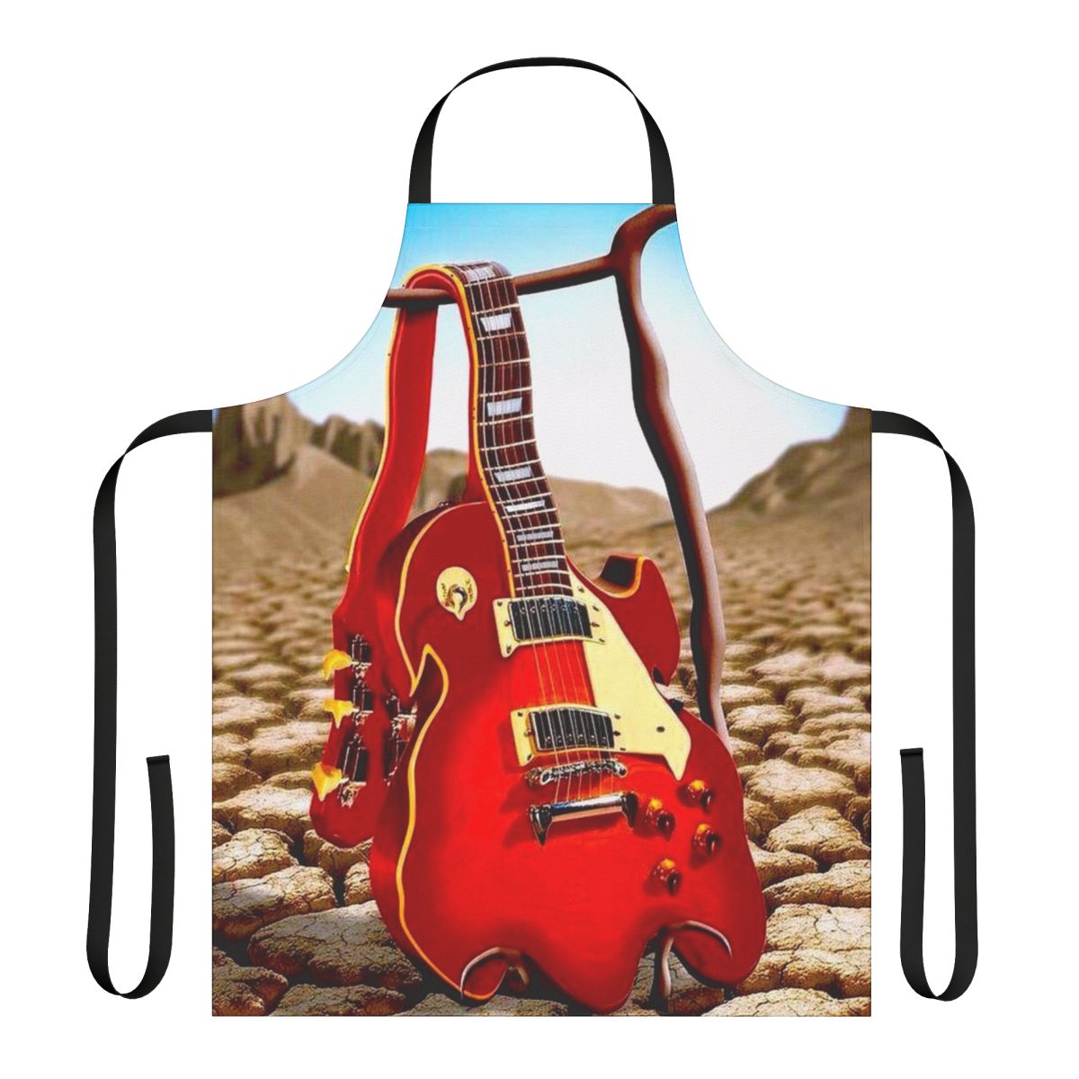 Melted guitar illustration in a surreal desert landscape on an apron