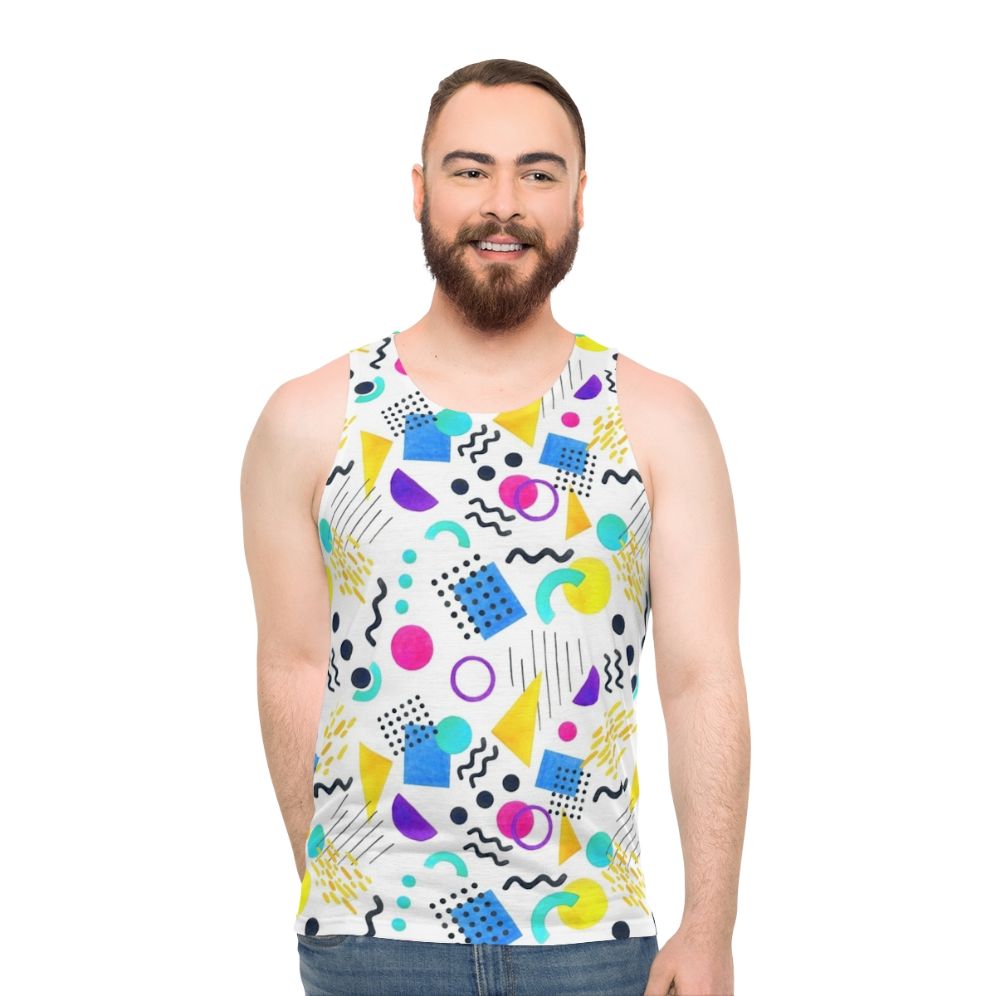 Memphis style unisex tank top with colorful geometric pattern