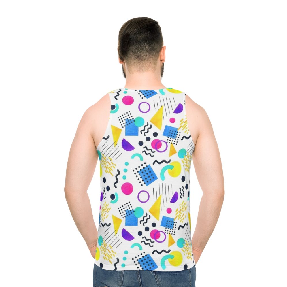 Memphis style unisex tank top with colorful geometric pattern