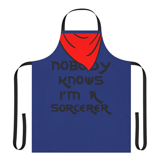 Merlin inspired apron with "Nobody Knows I'm a Sorcerer" graphic