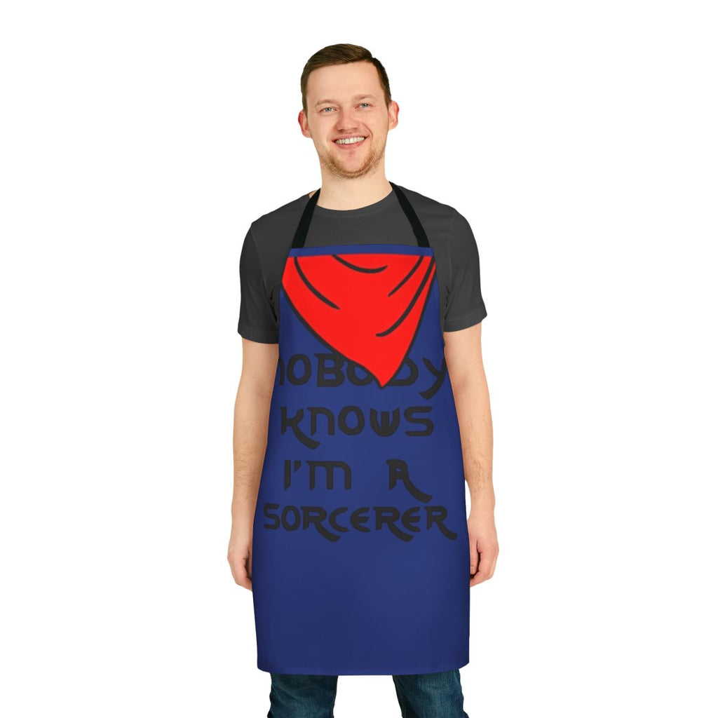 Merlin inspired apron with "Nobody Knows I'm a Sorcerer" graphic