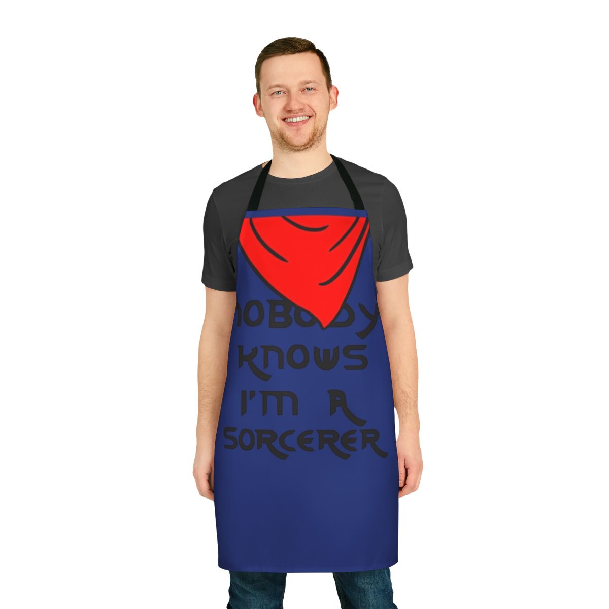 Merlin inspired apron with "Nobody Knows I'm a Sorcerer" graphic