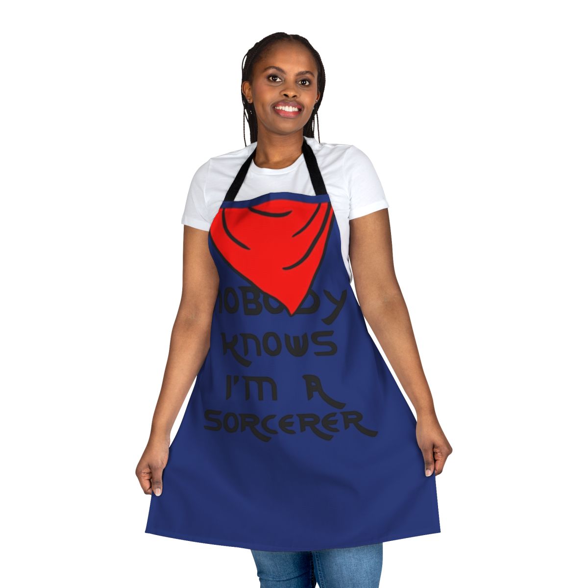Merlin inspired apron with "Nobody Knows I'm a Sorcerer" graphic