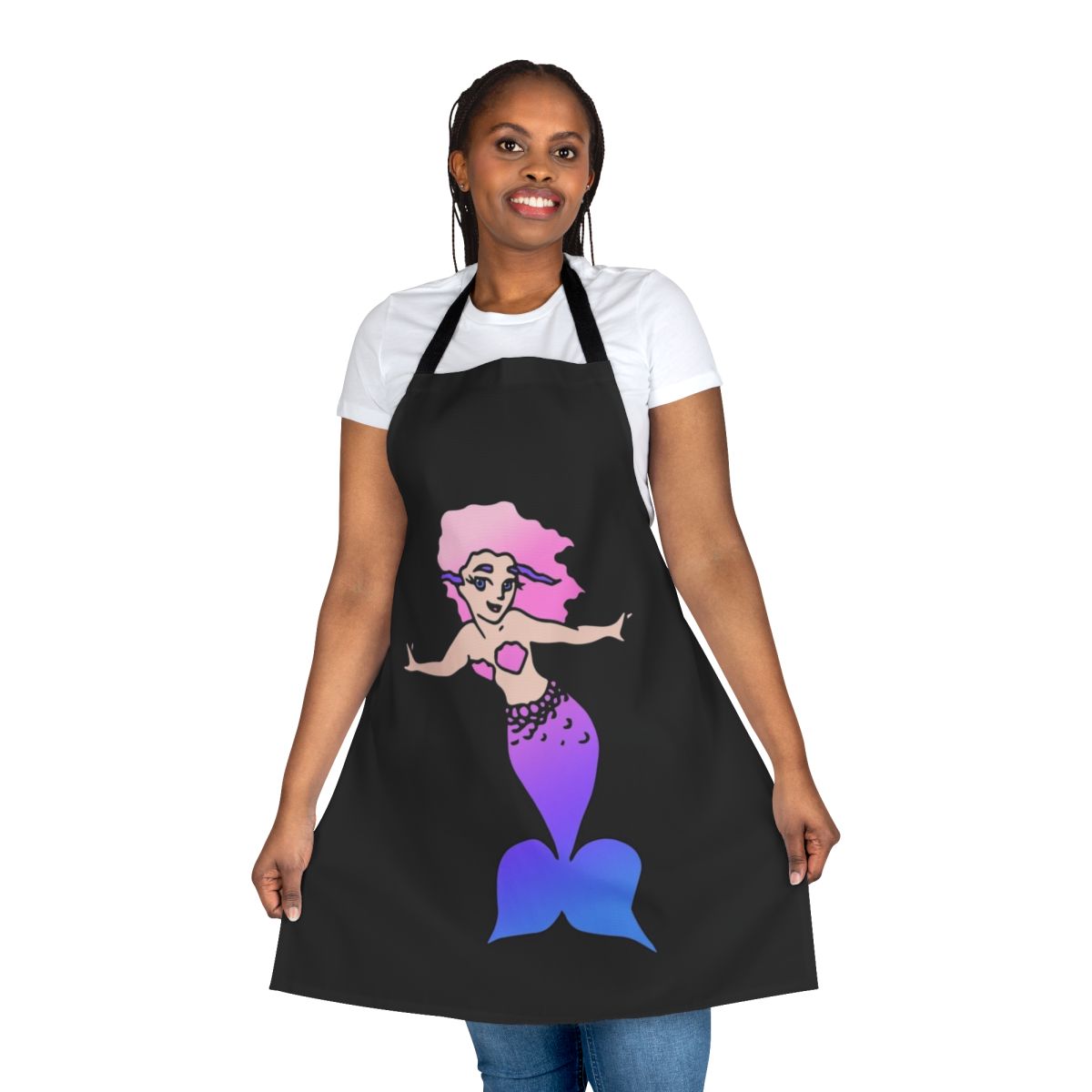 A whimsical mermaid-themed apron for kids, featuring a pink and blue design with a mermaid motif.