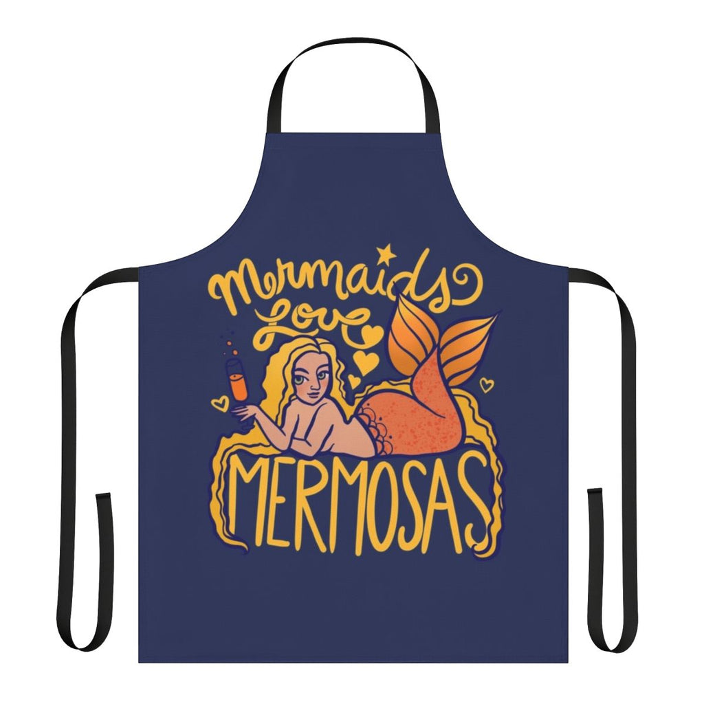 A vibrant apron featuring a mermaid design and the text "Mermaids Love Mermosas"