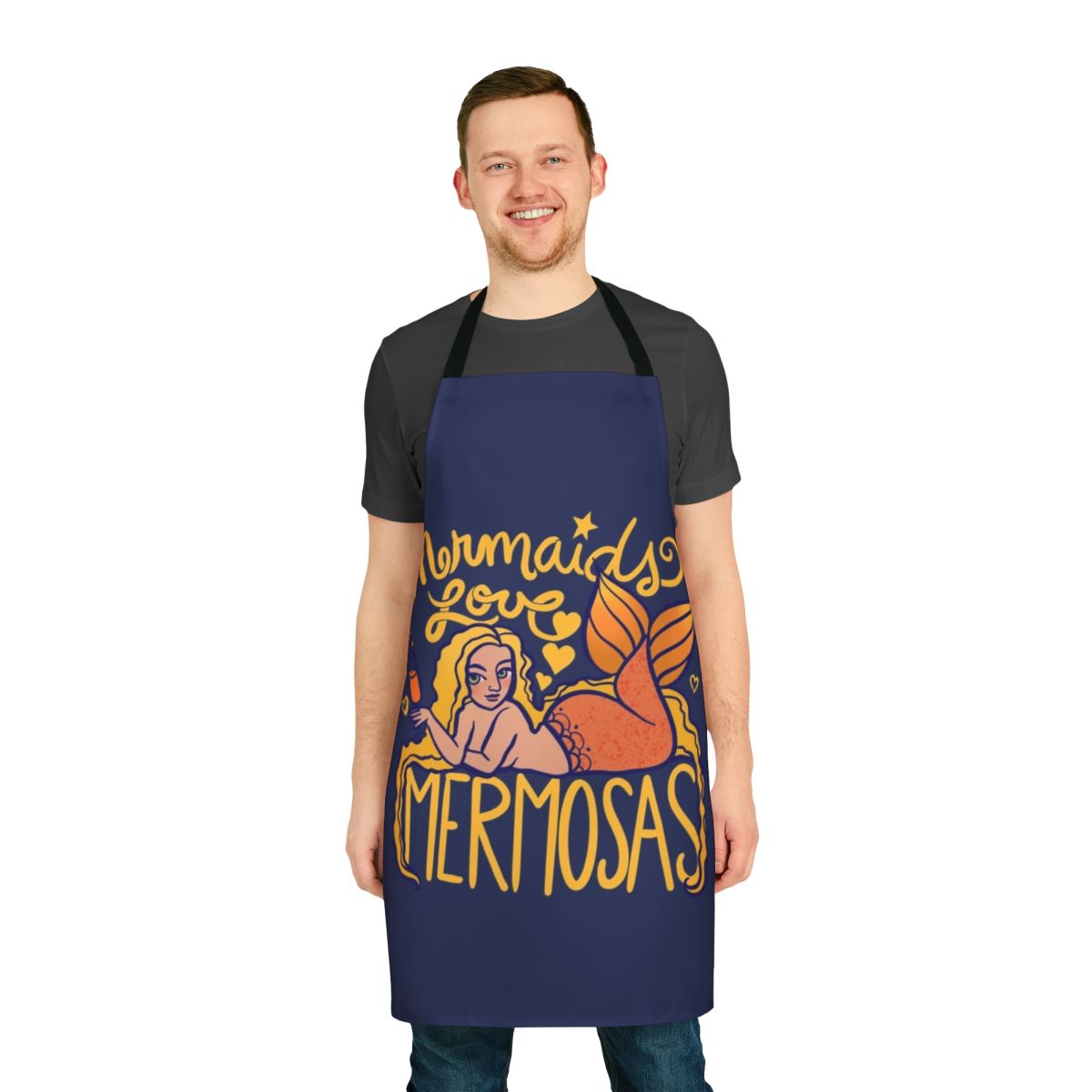 A vibrant apron featuring a mermaid design and the text "Mermaids Love Mermosas"