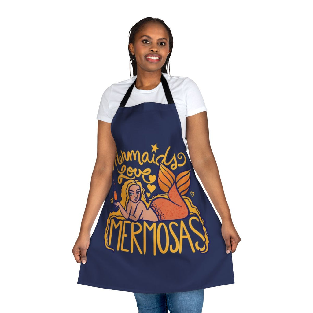 A vibrant apron featuring a mermaid design and the text "Mermaids Love Mermosas"