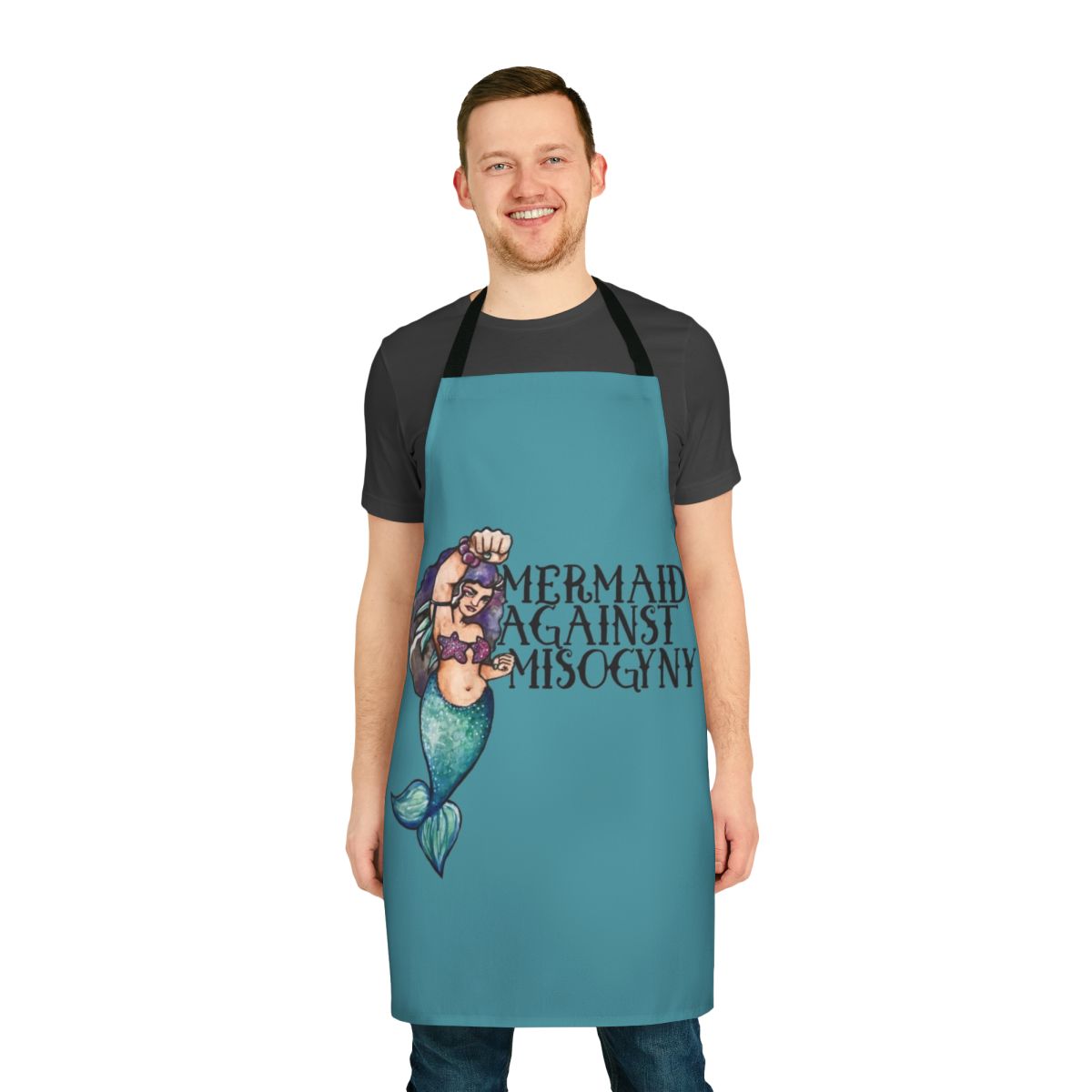 Mermaid-themed feminist apron with a message against misogyny