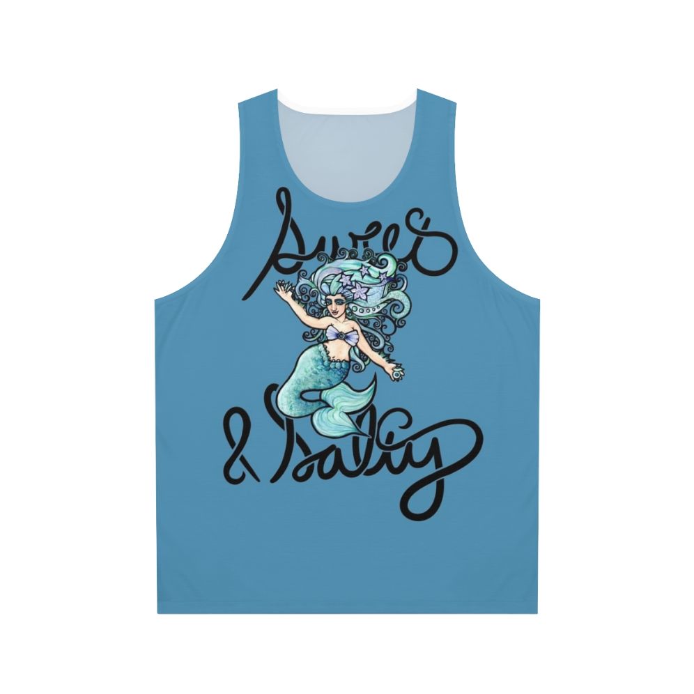 Model wearing mermaid unisex tank top with sweet and salty design