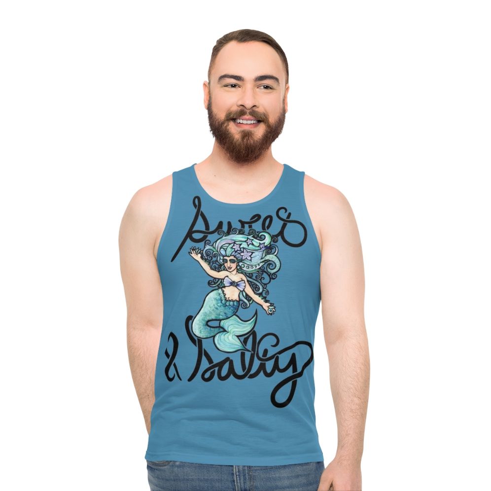 Model wearing mermaid unisex tank top with sweet and salty design