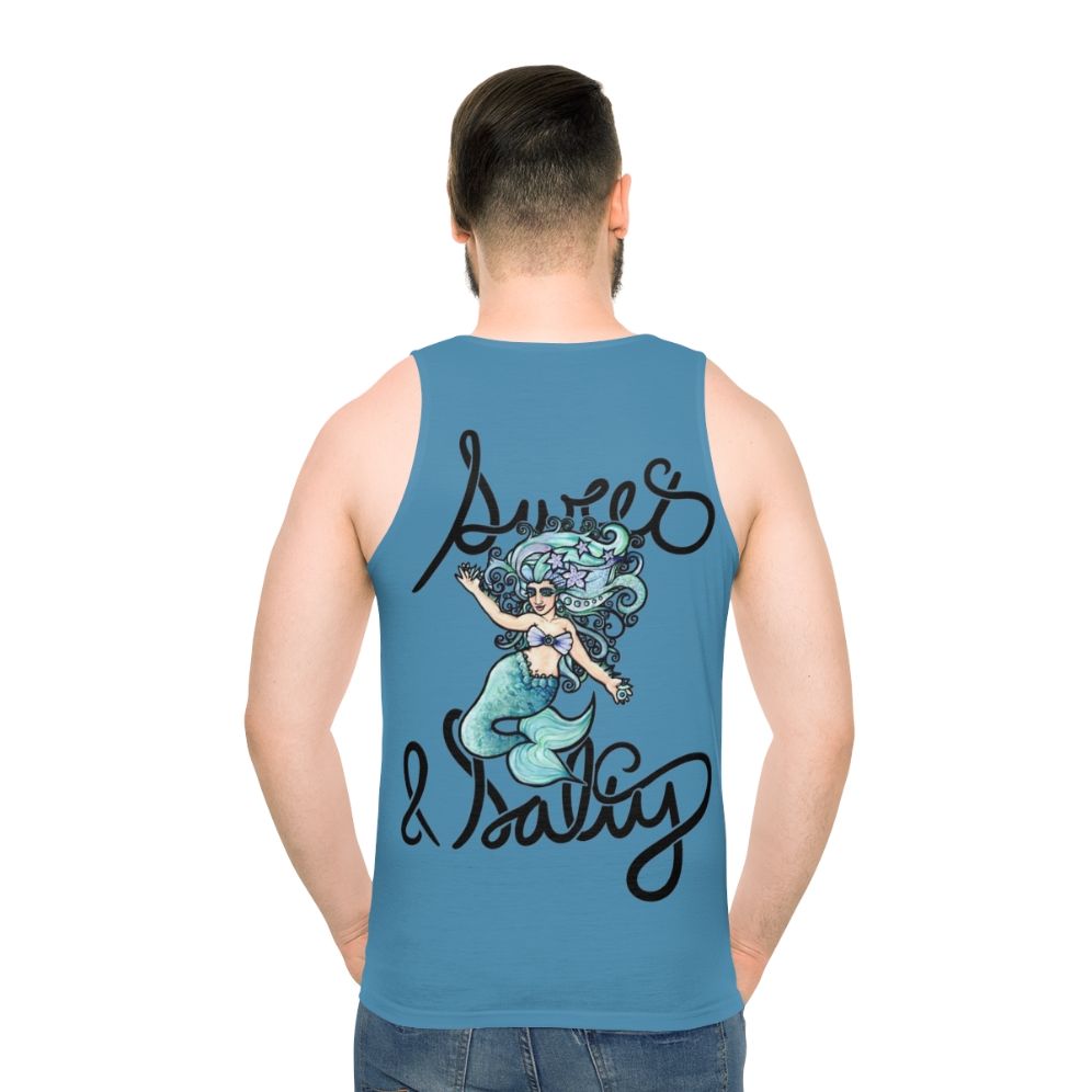 Model wearing mermaid unisex tank top with sweet and salty design