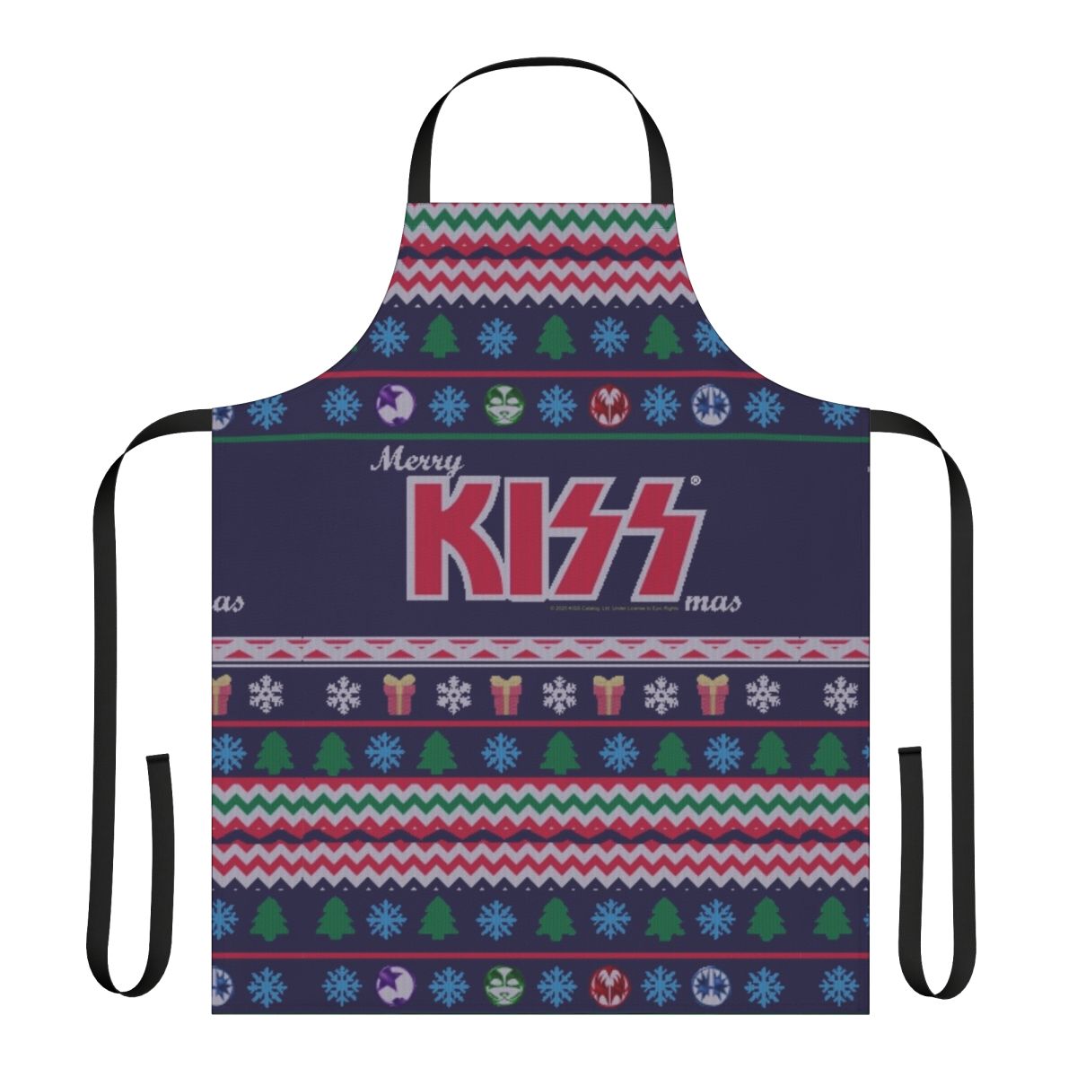 Vintage-inspired Kiss The Band fan art ugly Christmas apron with classic Kiss band logos and imagery