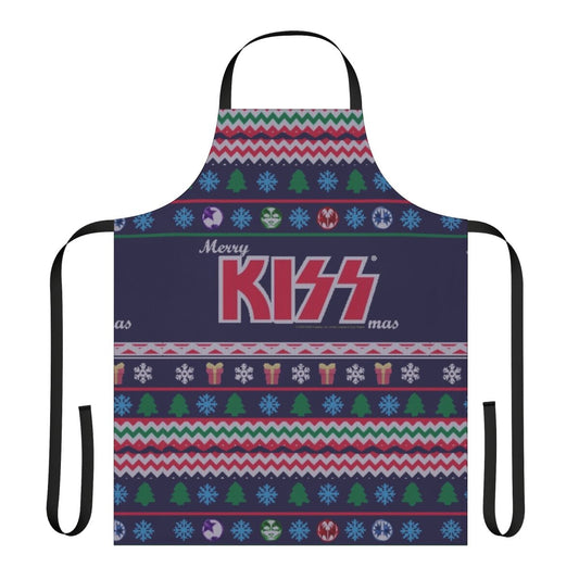 Vintage-inspired Kiss The Band fan art ugly Christmas apron with classic Kiss band logos and imagery