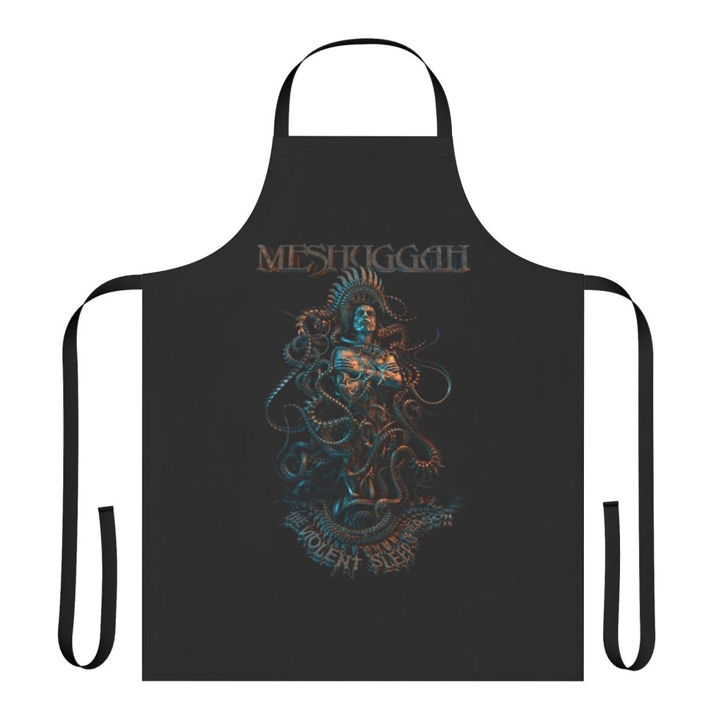 Meshuggah band member wearing a black cooking apron with the band's logo