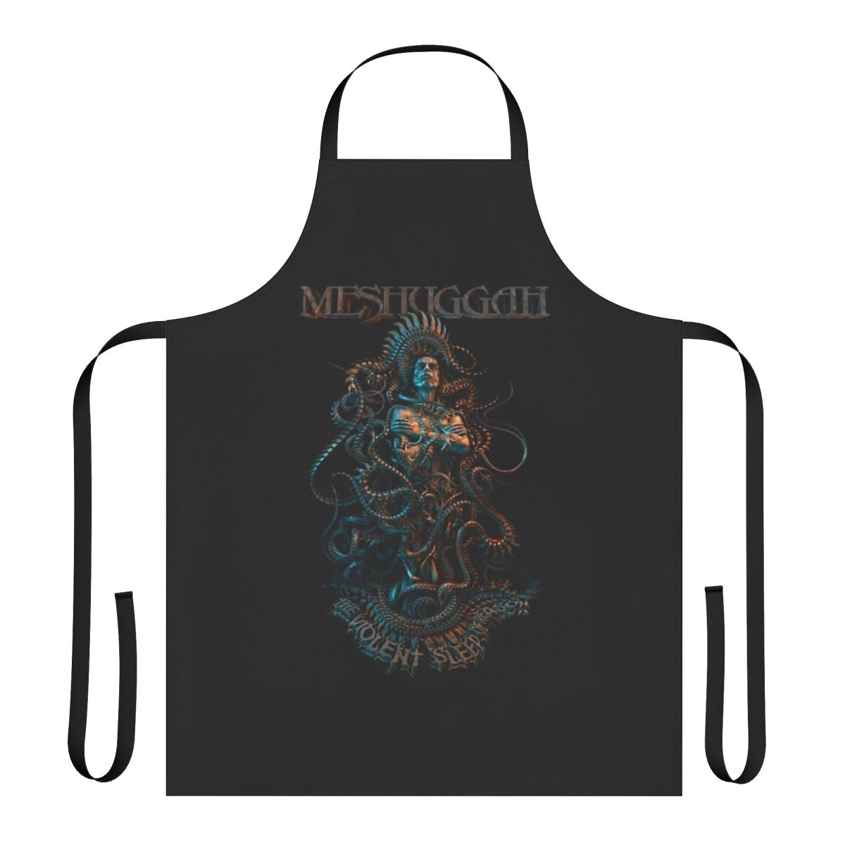 Meshuggah band member wearing a black cooking apron with the band's logo