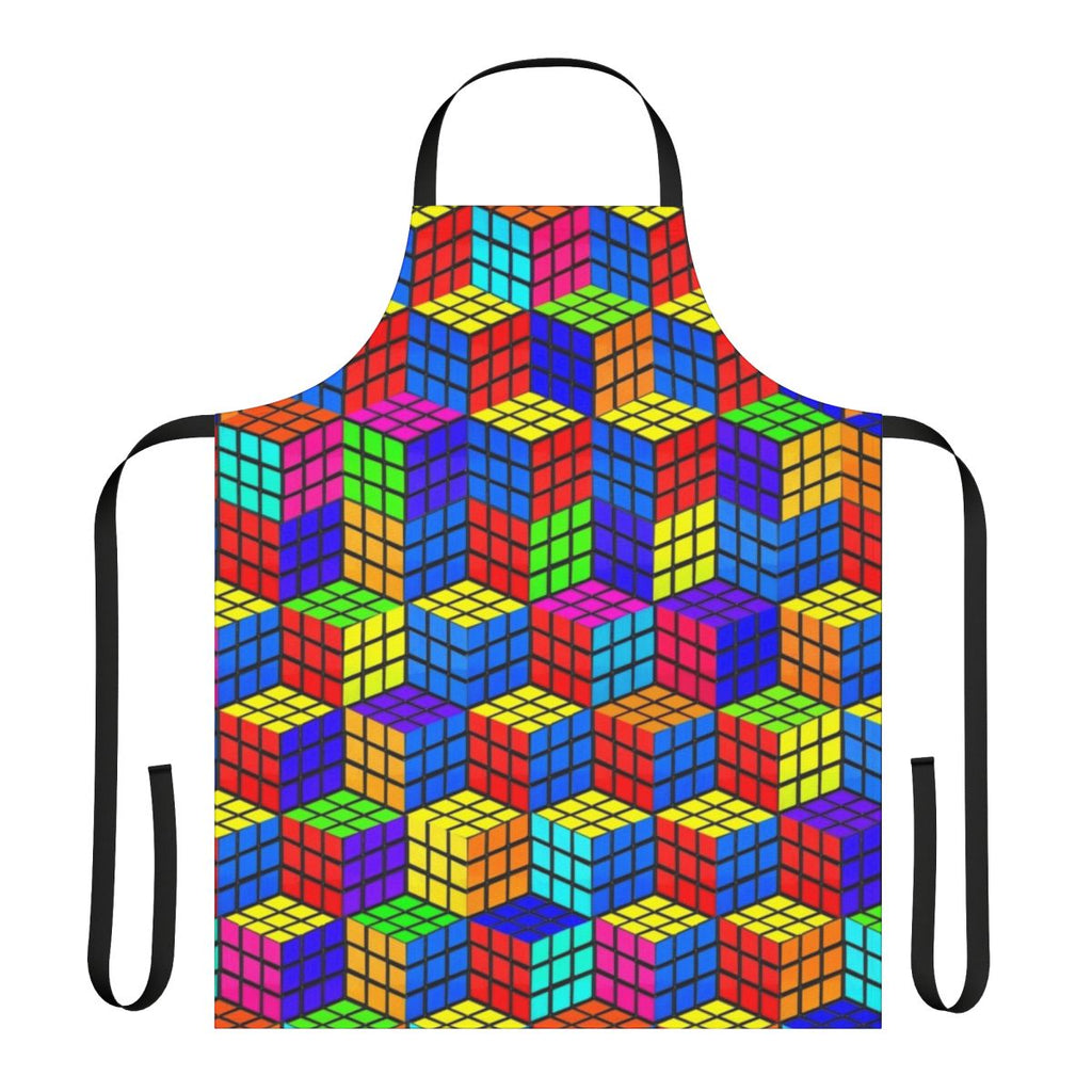 Vibrant, mind-bending 3D illusion apron with Rubik's cube-inspired geometric patterns and a bold, retro color scheme.