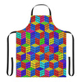 Vibrant, mind-bending 3D illusion apron with Rubik's cube-inspired geometric patterns and a bold, retro color scheme.
