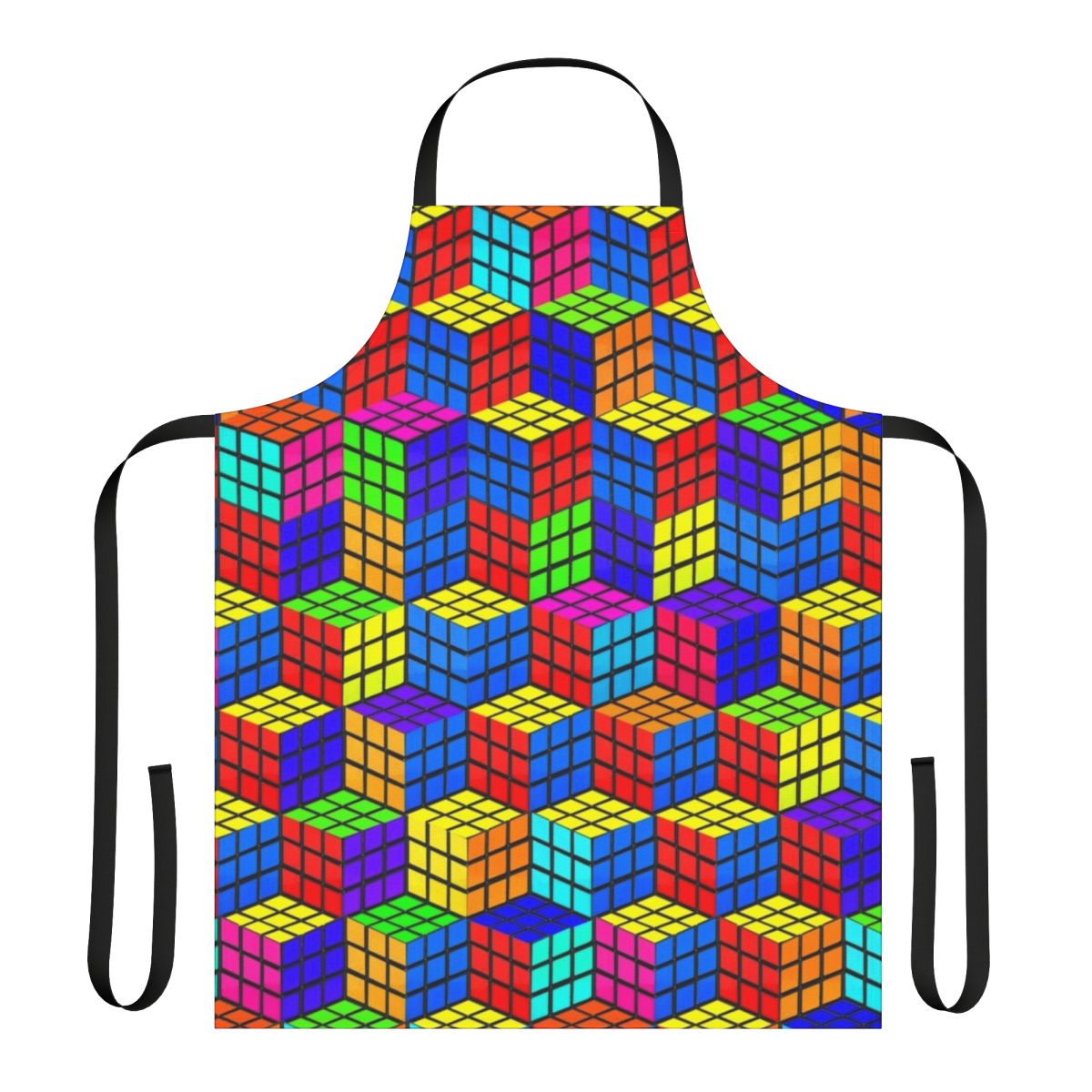 Vibrant, mind-bending 3D illusion apron with Rubik's cube-inspired geometric patterns and a bold, retro color scheme.