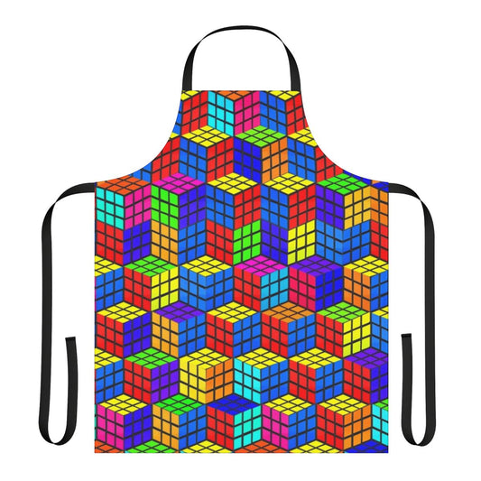 Vibrant, mind-bending 3D illusion apron with Rubik's cube-inspired geometric patterns and a bold, retro color scheme.