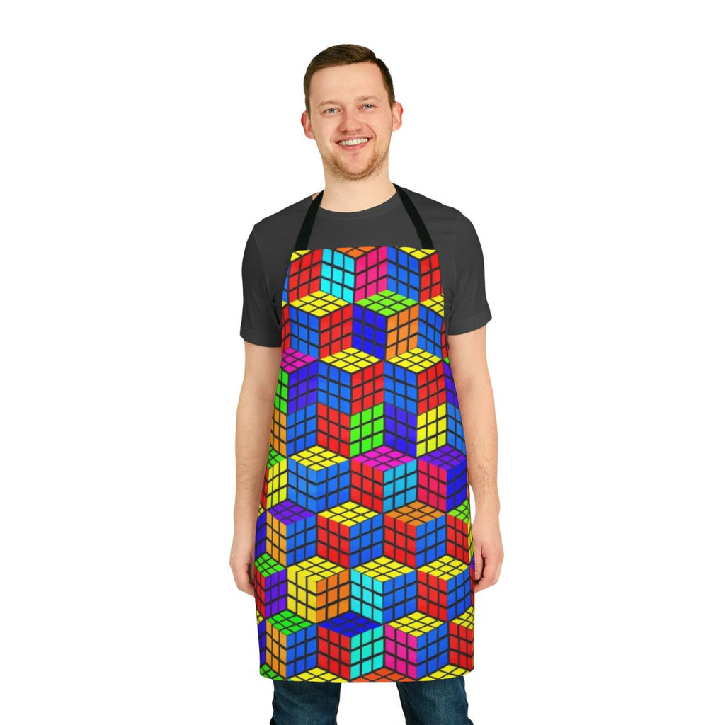 Vibrant, mind-bending 3D illusion apron with Rubik's cube-inspired geometric patterns and a bold, retro color scheme.