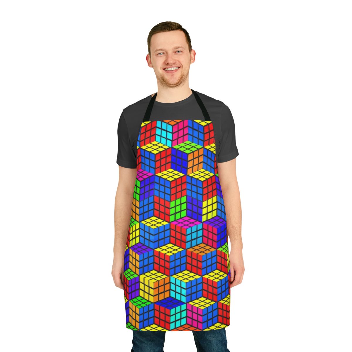 Vibrant, mind-bending 3D illusion apron with Rubik's cube-inspired geometric patterns and a bold, retro color scheme.