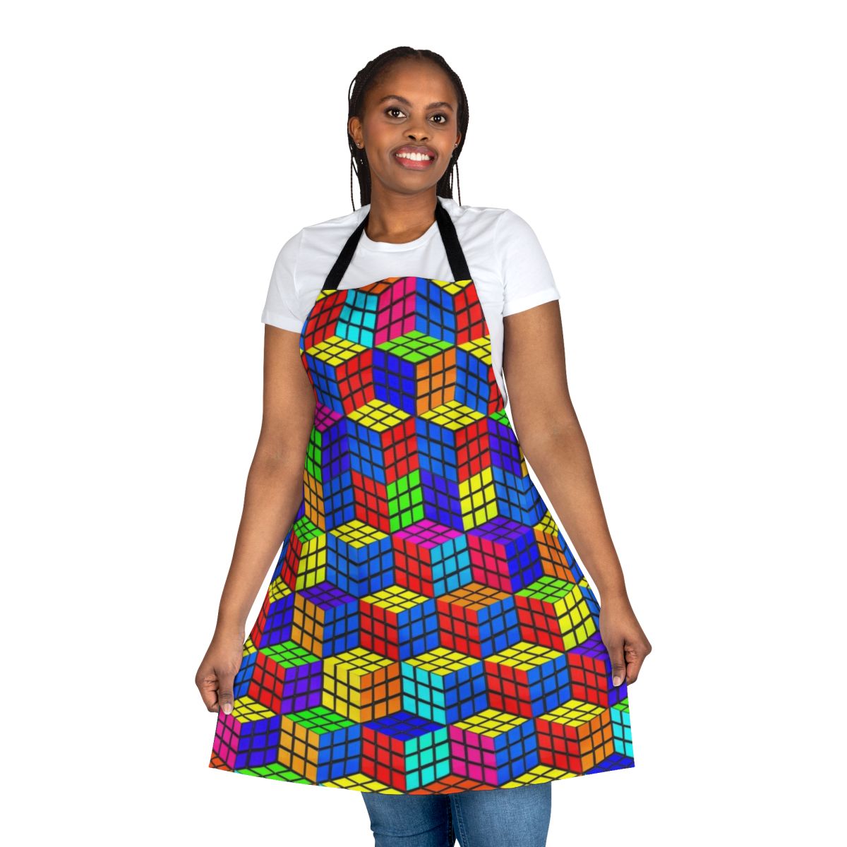Vibrant, mind-bending 3D illusion apron with Rubik's cube-inspired geometric patterns and a bold, retro color scheme.