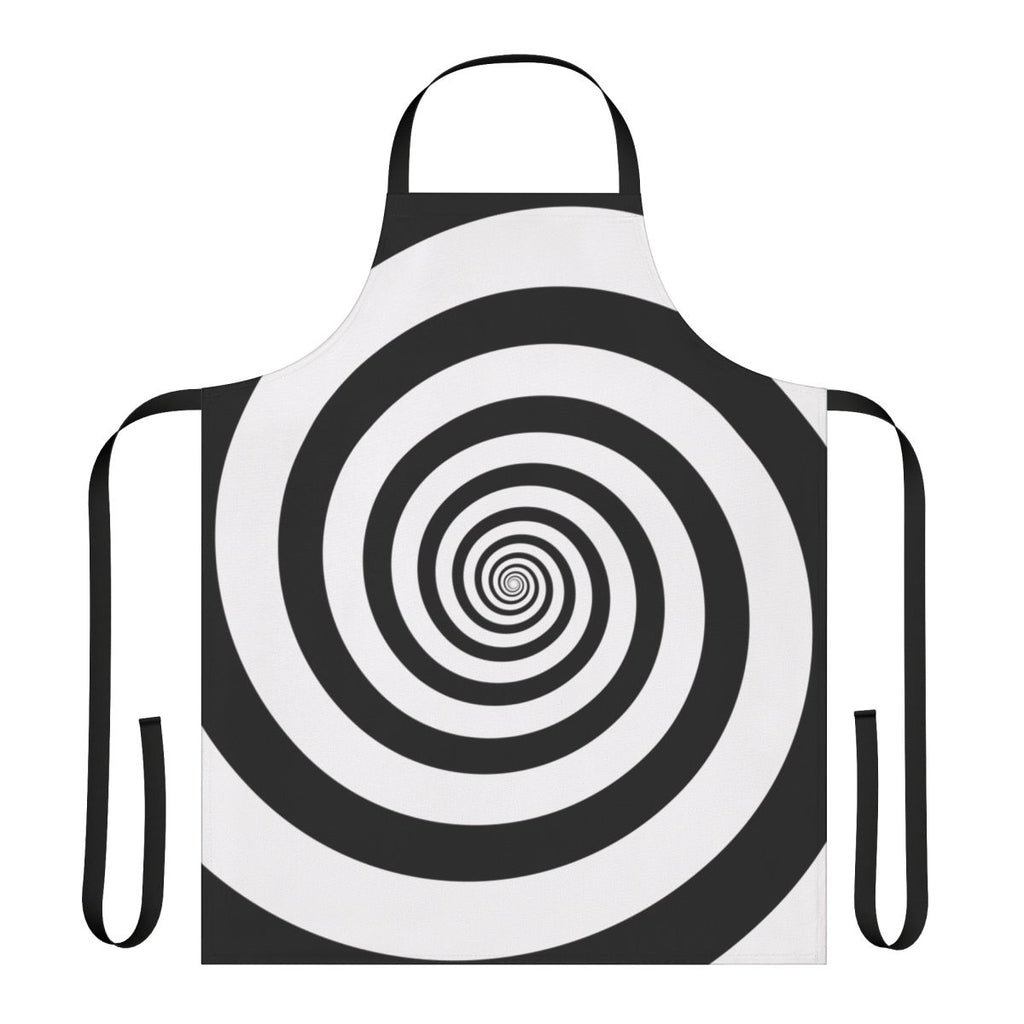 Hypnotic black and white swirl pattern on an apron