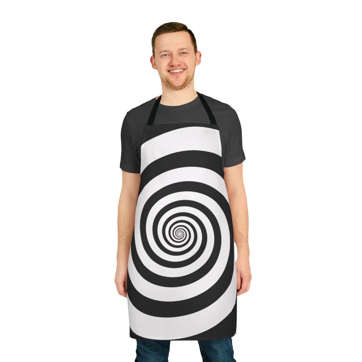 Hypnotic black and white swirl pattern on an apron