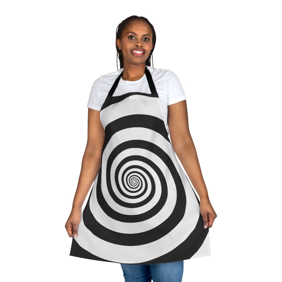 Hypnotic black and white swirl pattern on an apron