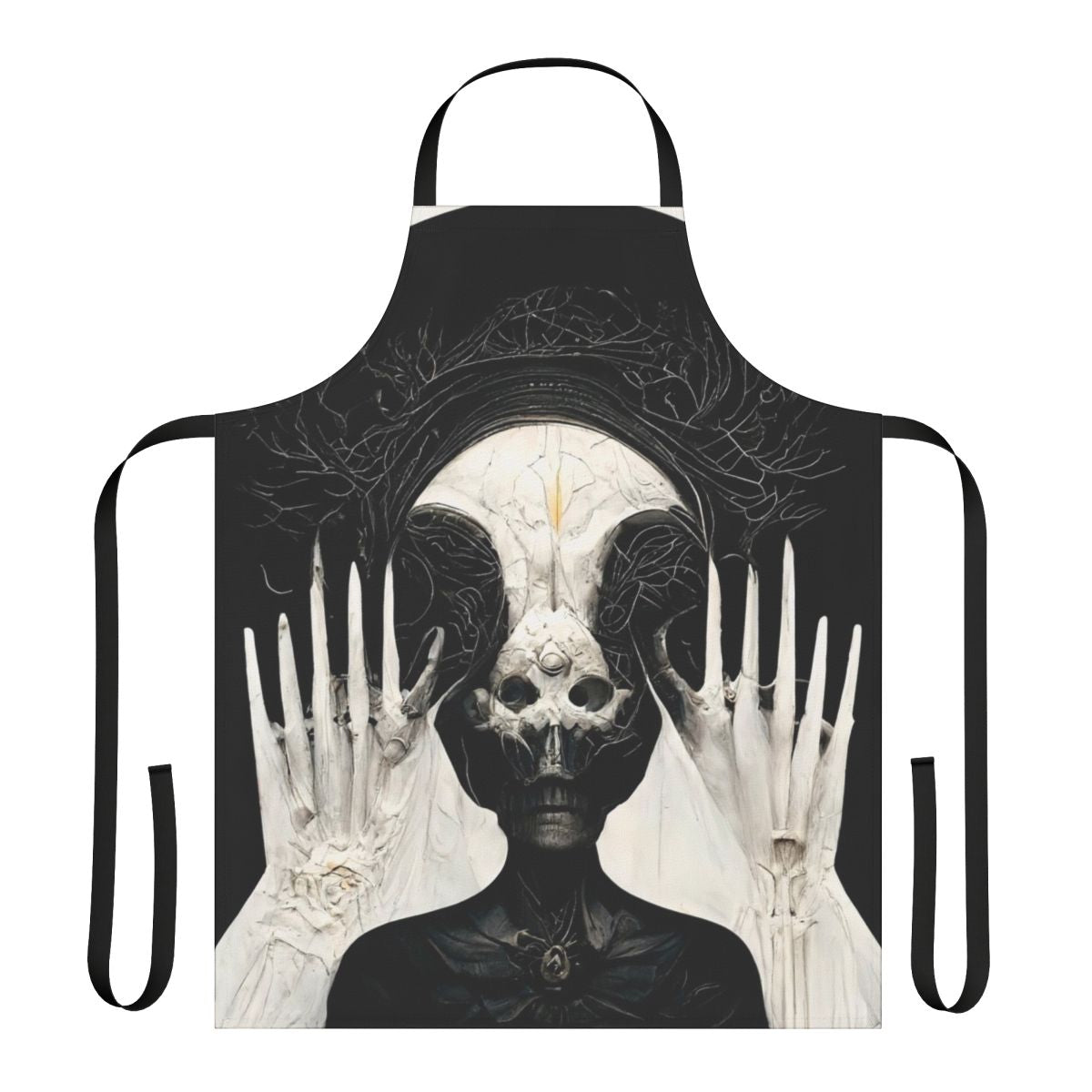 Apron featuring a mesmerizing dark fantasy design inspired by HR Giger's Necronomicon artwork, created using AI technology.