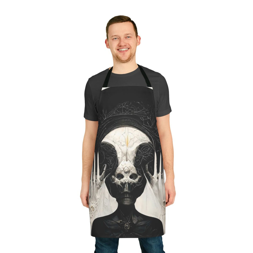 Apron featuring a mesmerizing dark fantasy design inspired by HR Giger's Necronomicon artwork, created using AI technology.
