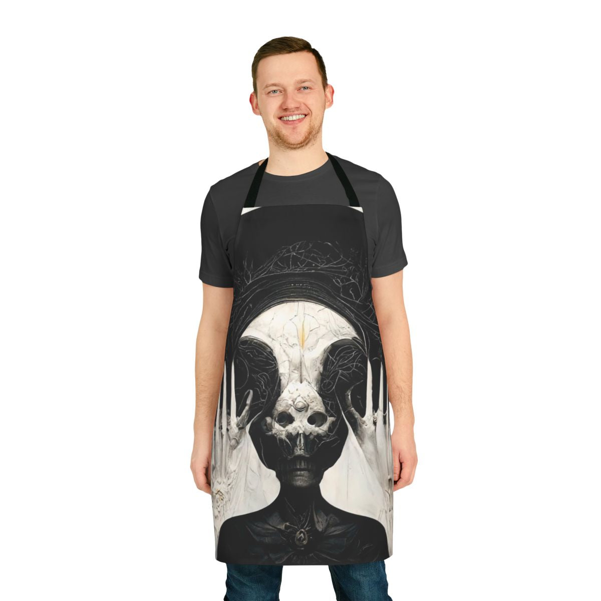 Apron featuring a mesmerizing dark fantasy design inspired by HR Giger's Necronomicon artwork, created using AI technology.