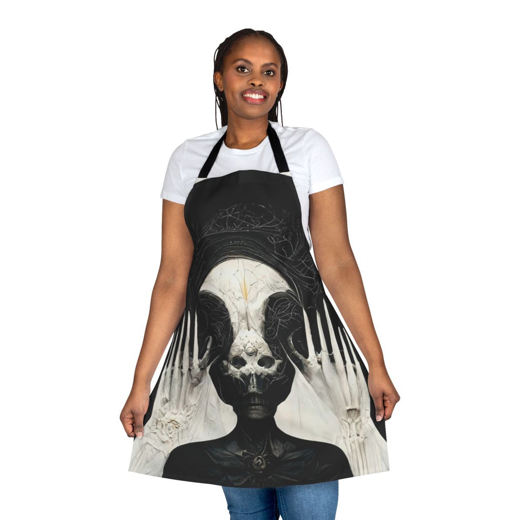 Apron featuring a mesmerizing dark fantasy design inspired by HR Giger's Necronomicon artwork, created using AI technology.