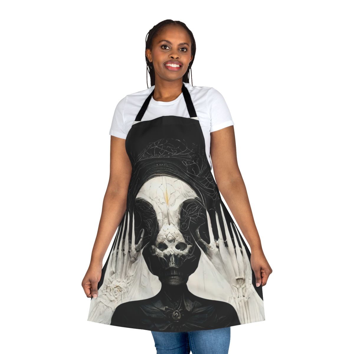 Apron featuring a mesmerizing dark fantasy design inspired by HR Giger's Necronomicon artwork, created using AI technology.