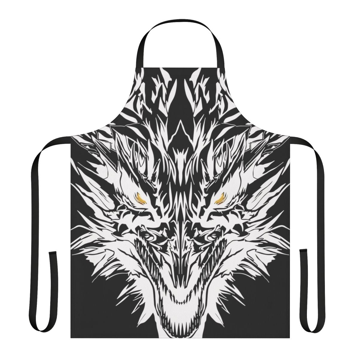 White and yellow dragon tattoo design on an apron