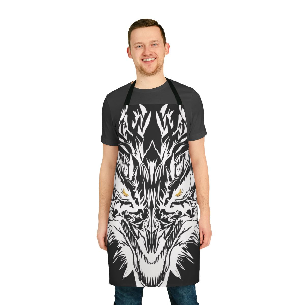 White and yellow dragon tattoo design on an apron