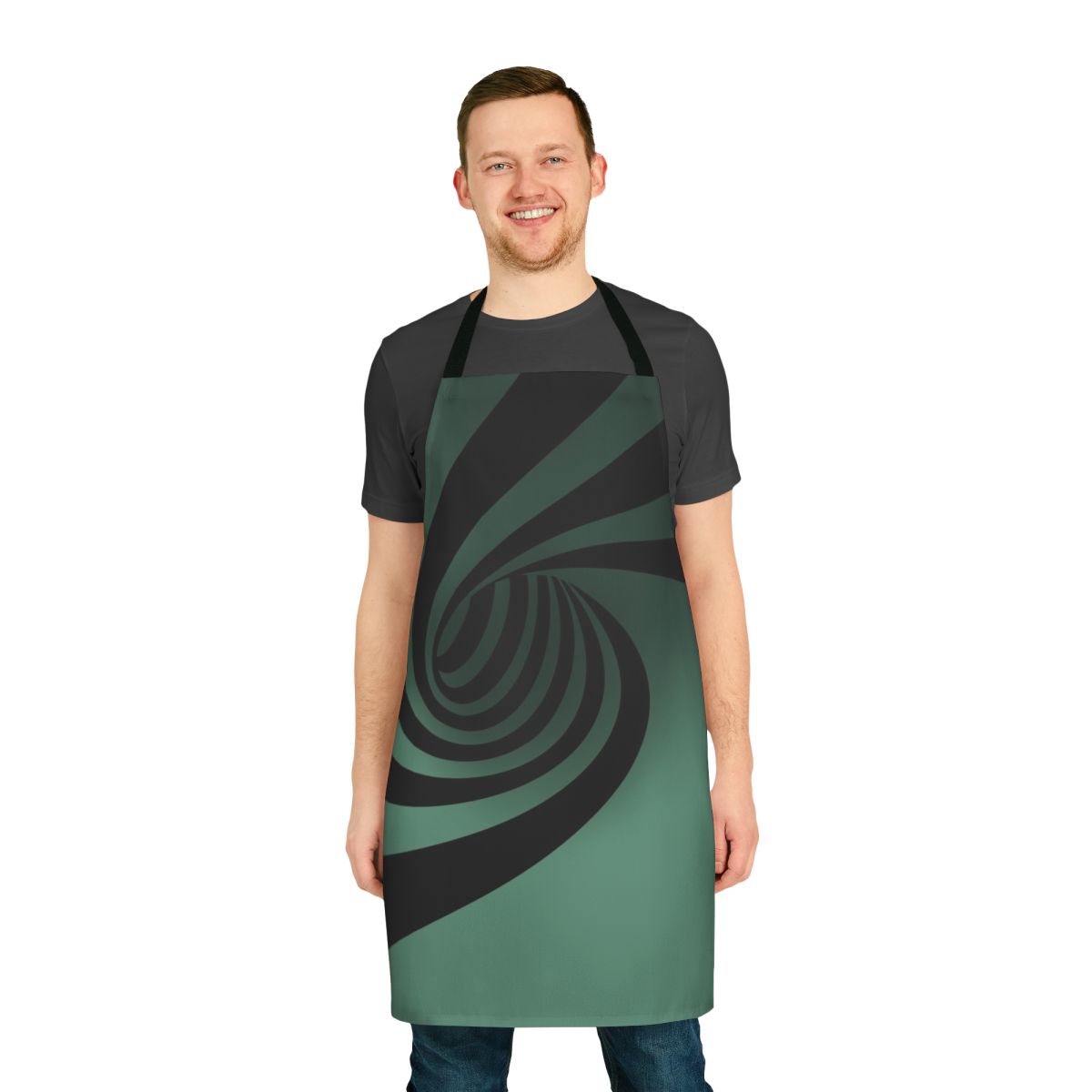 Optical illusion apron with a striking abstract black and white geometric pattern