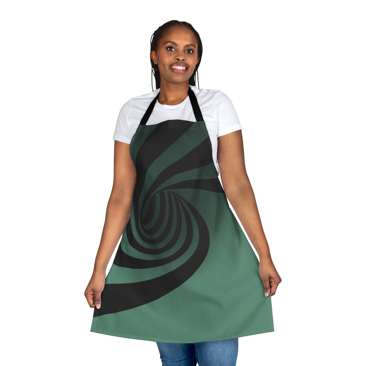 Optical illusion apron with a striking abstract black and white geometric pattern