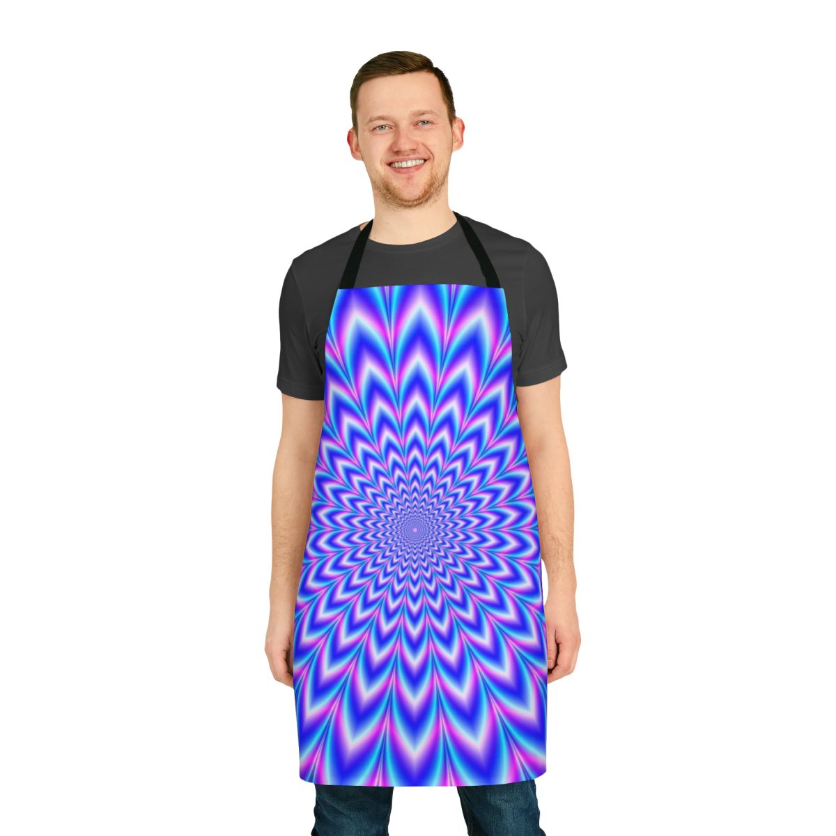 Psychedelic apron with a mesmerizing blue and pink pattern that creates an optical illusion effect
