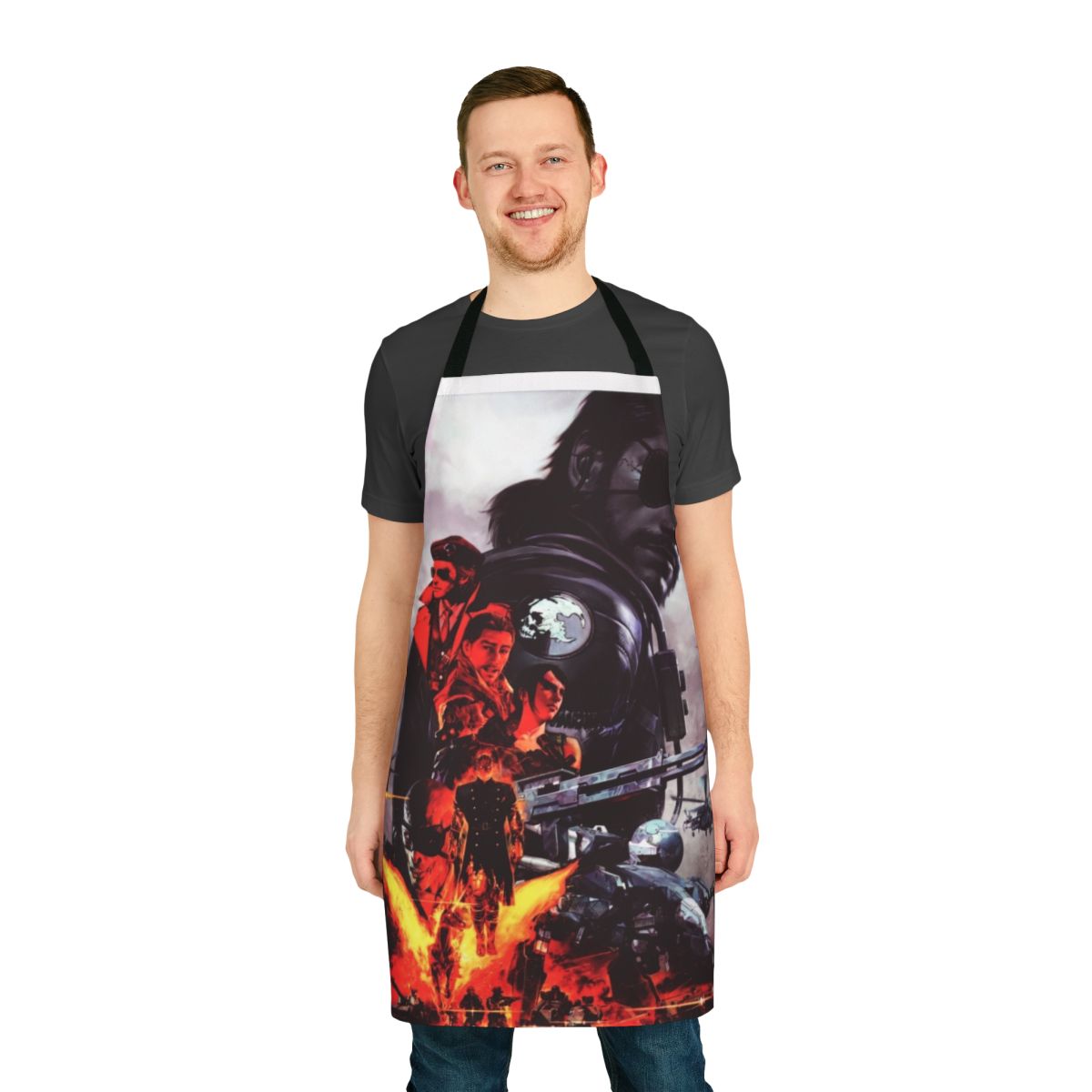 Metal Gear inspired apron with iconic characters and imagery from the popular video game franchise