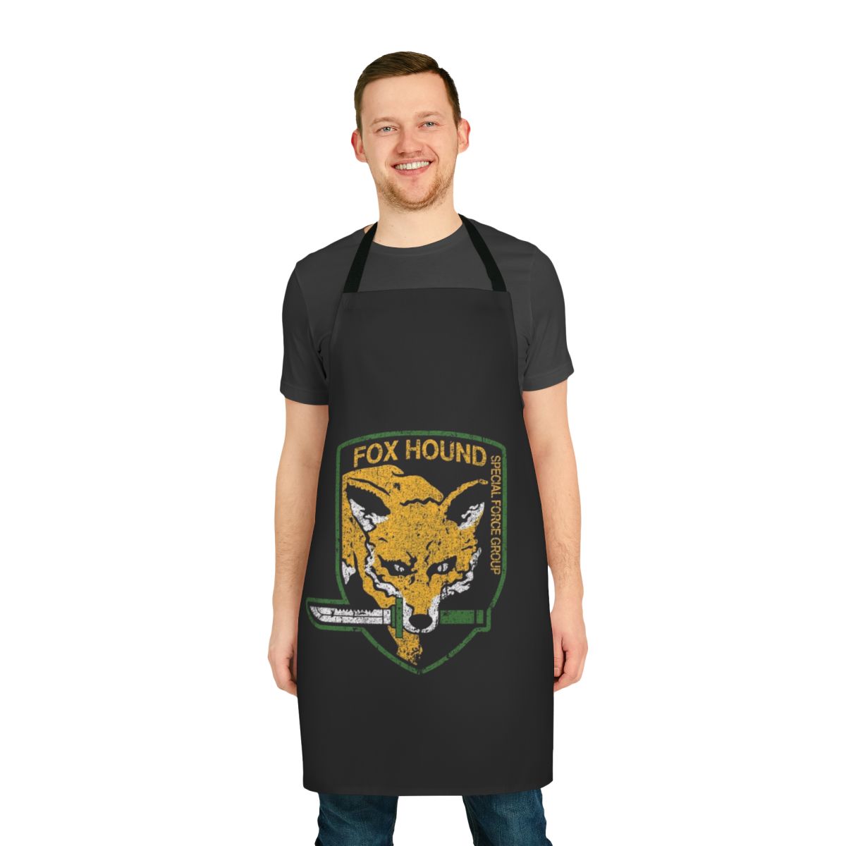 A high-quality apron featuring the iconic Foxhound logo and military-inspired design, perfect for fans of the Metal Gear video game franchise.
